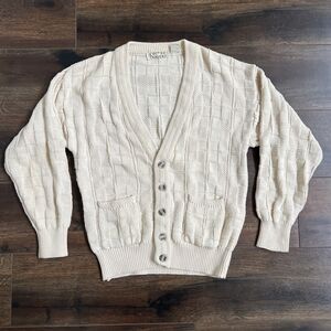 Cotton Traders Bay Unisex Ivory 100%Cotton Cardigan Grandpa Sweater Size Medium